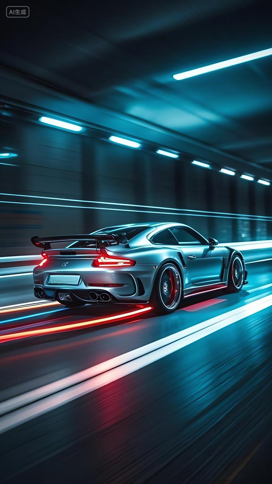 一辆银色跑车在道路上高速行驶的动感场景