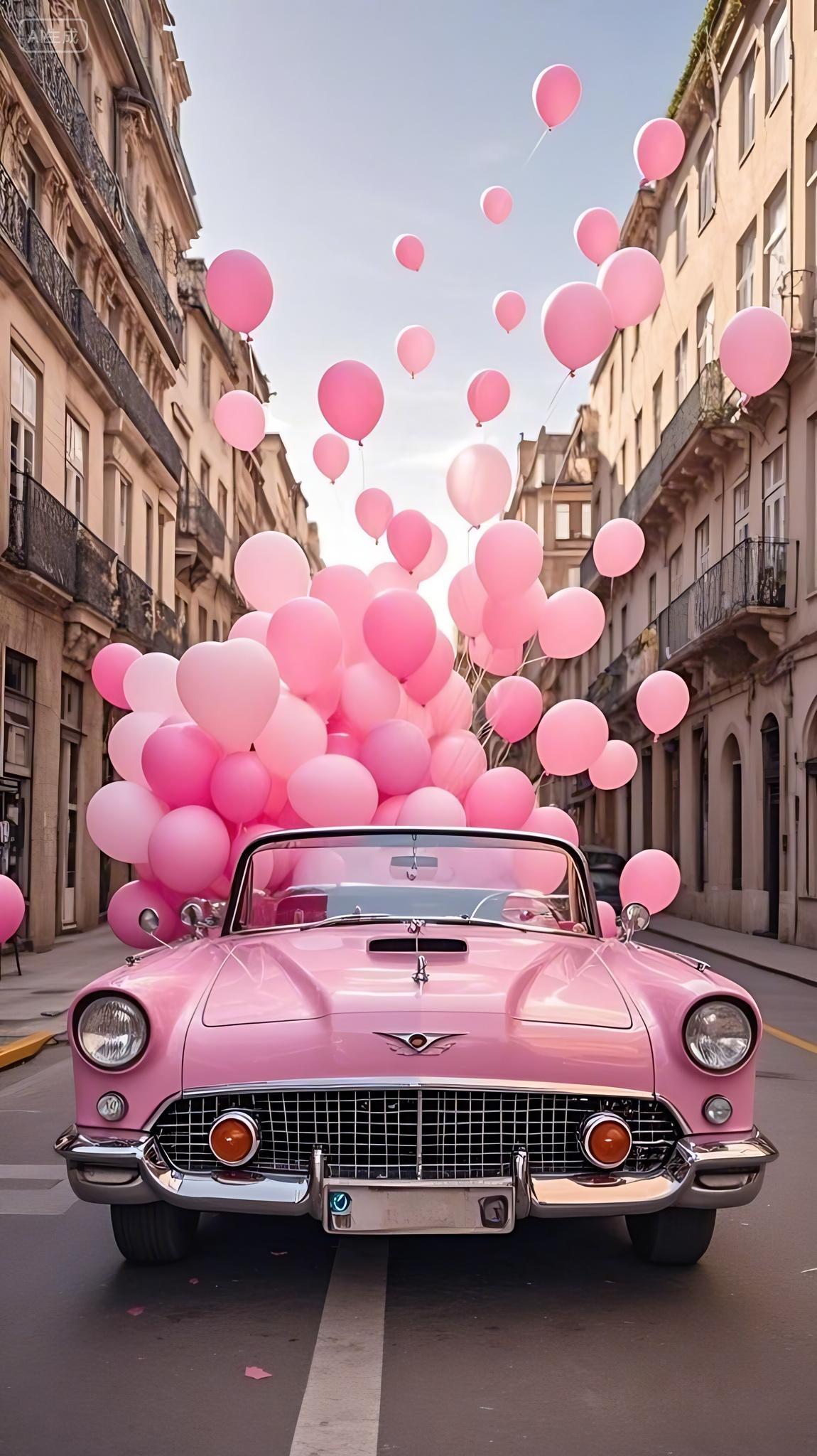 一辆粉红色的敞篷老爷车停在街道上