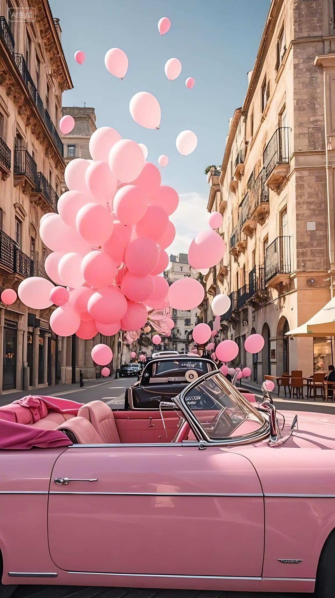 一辆粉红色的敞篷老爷车停在街道上