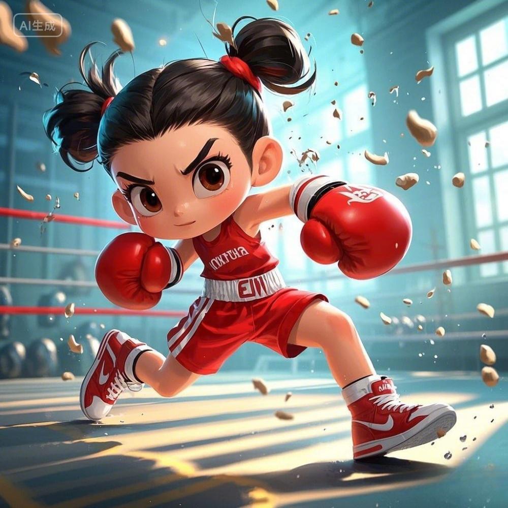 一幅可爱风格的卡通插画一个准备出拳的小女孩