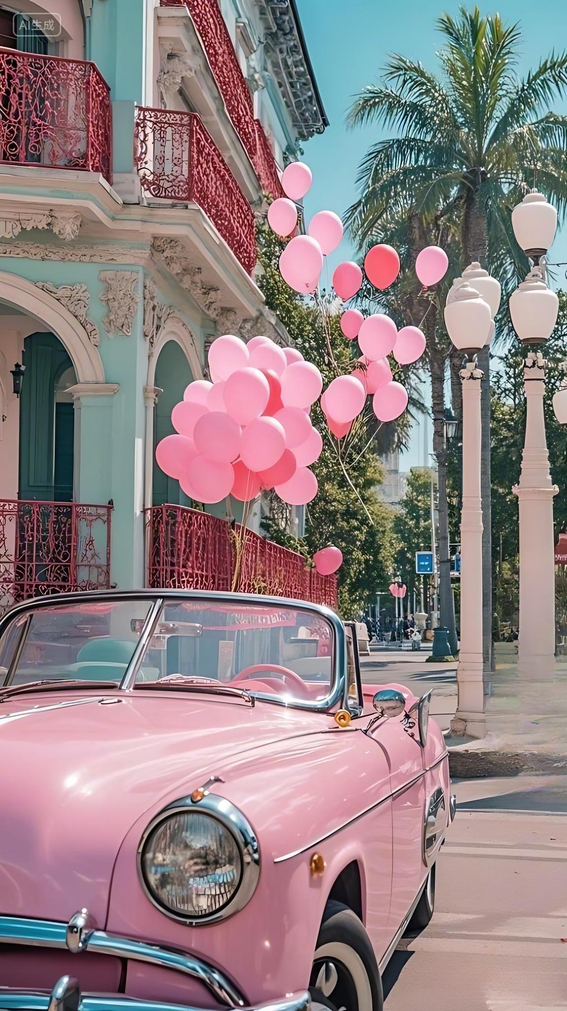 一辆粉红色的敞篷老爷车停在街道上