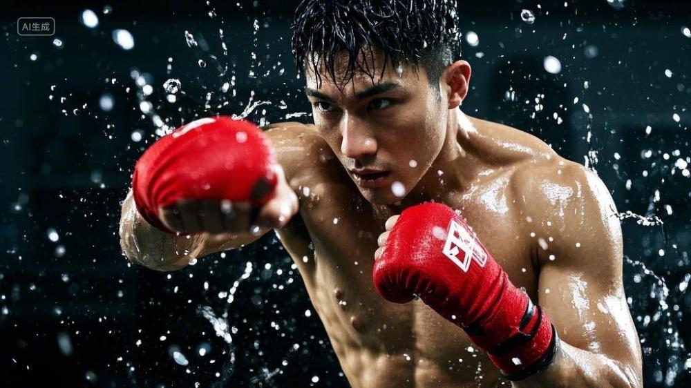 一位男性搏击者光着上身手上缠有红色绷带摆出战斗姿势