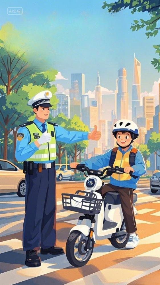 交警正向一位戴着头盔骑电动车的小孩竖起大拇指