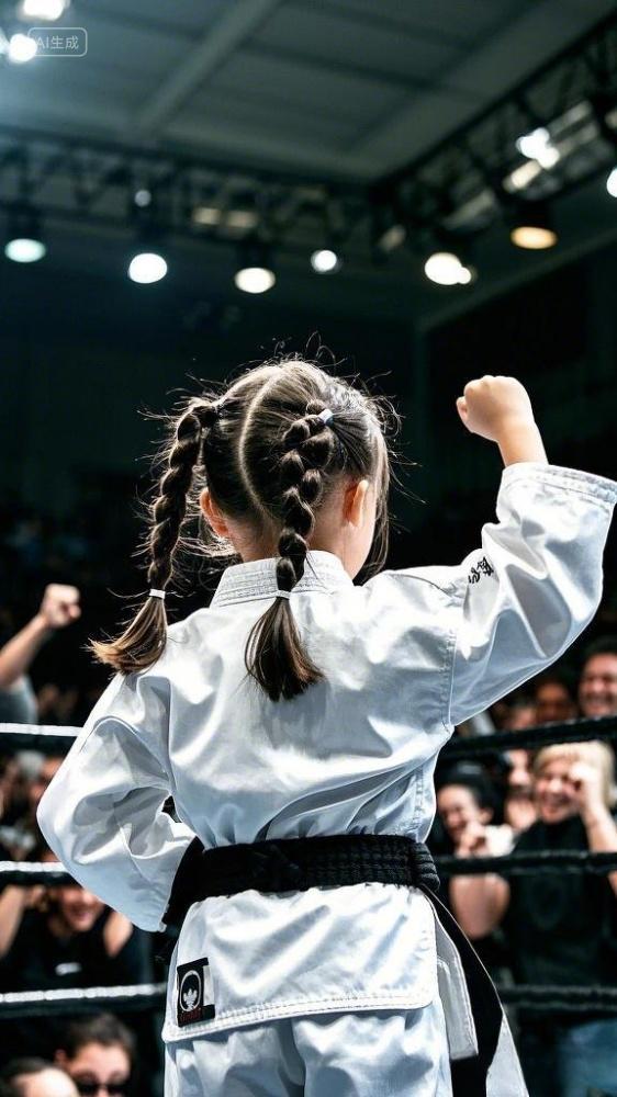 一个扎着双马尾的小女孩背对着人站在搏击赛场的场地中