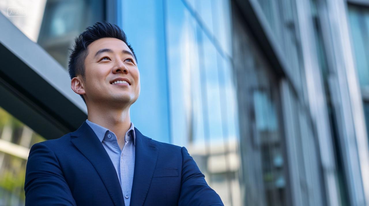 中国商务人士在建筑前露出笑容西装男士人物图片