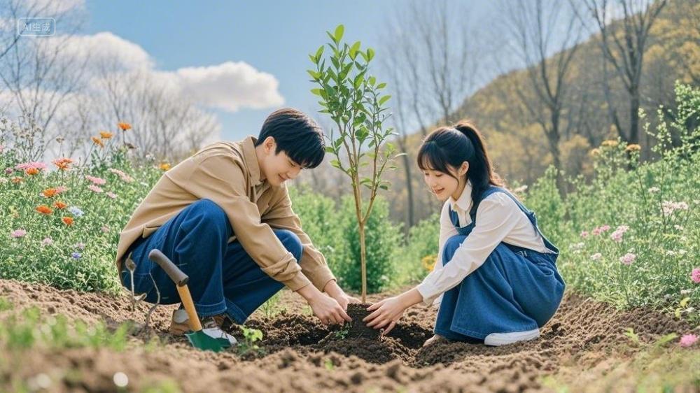 实景312植树节2个人进行植树的图片