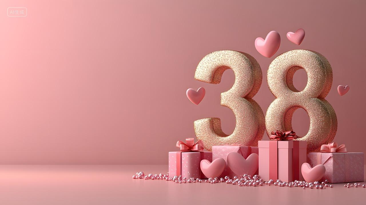 3.8妇女节粉色气球与礼品盒创意数字38粉色背景图