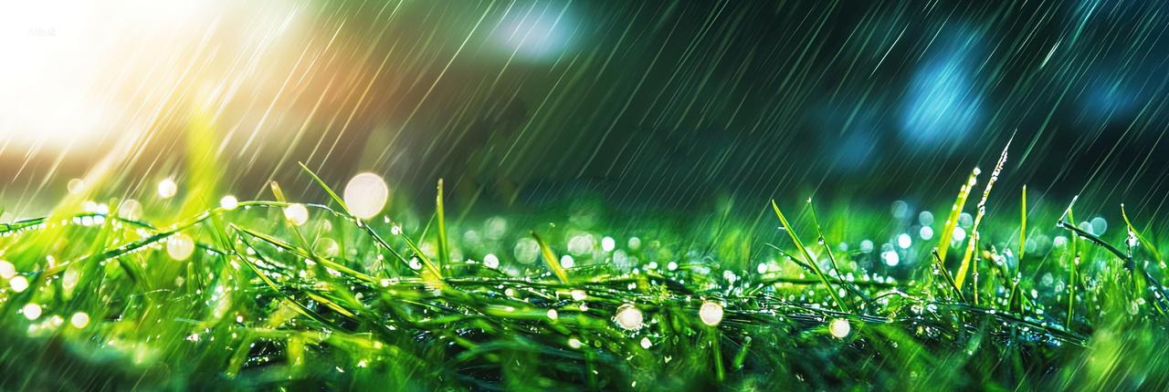 绿色的草地上下着小雨夕阳春天春分二十四节气海报素材