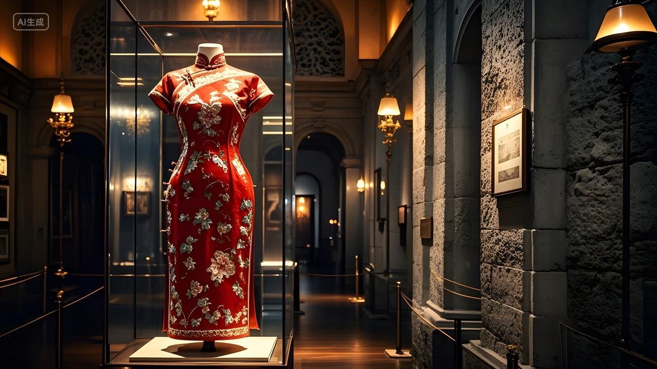 红色旗袍展示在博物馆中的灯光下