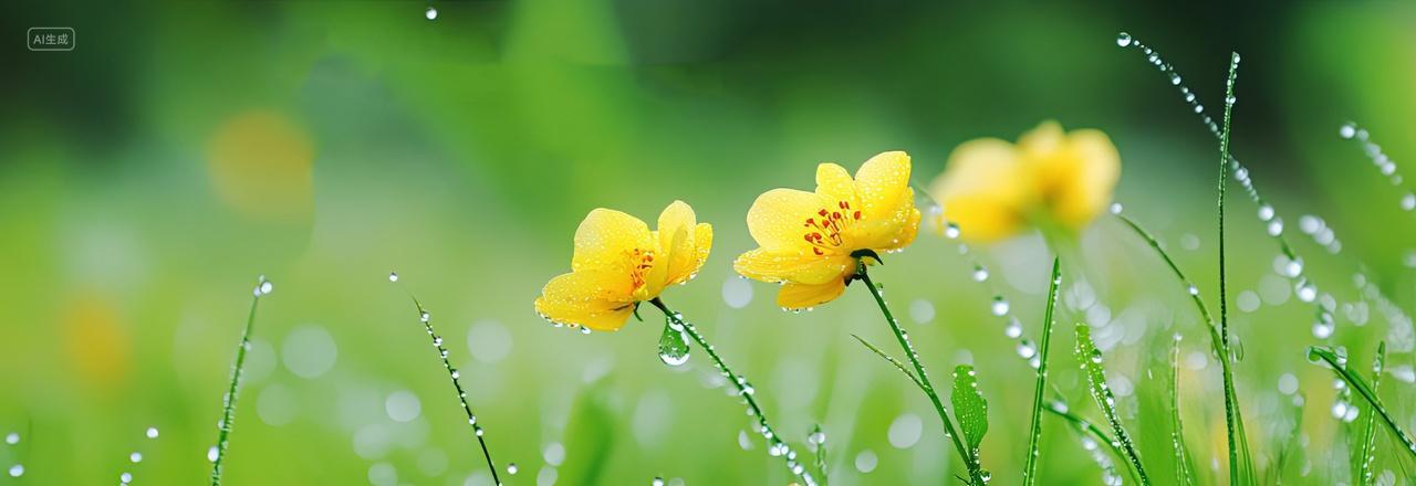 绿色的草地上长出了3朵黄色的小花二十四节气春天春分海报素材