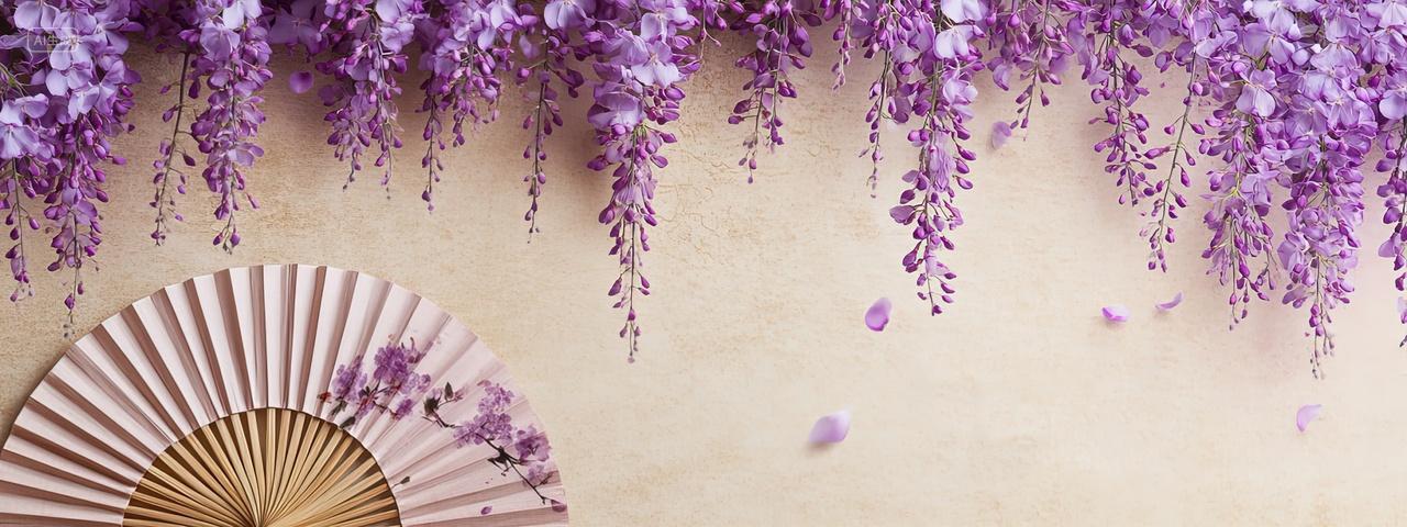 一面墙上挂满了紫罗兰和一把扇子春天春分二十四节气海报素材
