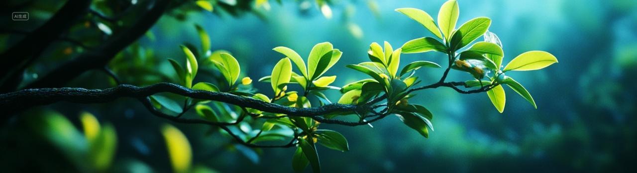 树林里一棵长满绿叶的树枝特写绿叶唯美植物春天立春春分海报