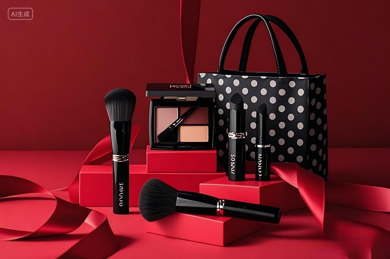 妇女节红色背景上一组美妆用品