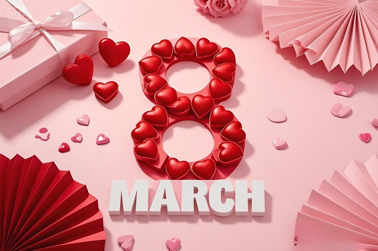 创意妇女节粉色背景上爱心围绕数字8背景图片