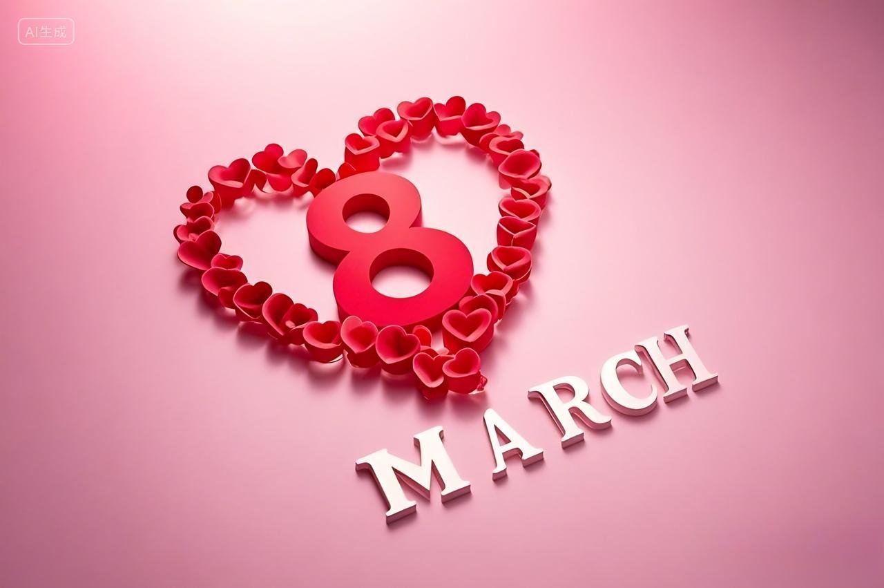 妇女节粉色背景上数字“8”由红色心形图案围绕构成