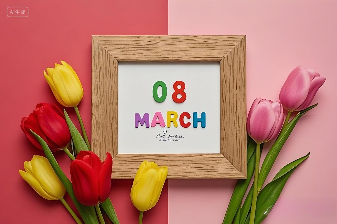妇女节带有彩色字母和花朵图案方块的木质框架方块拼成38节日创意背景图