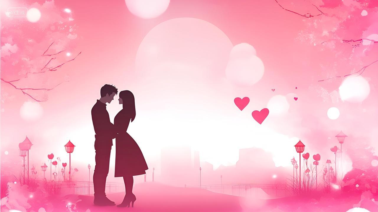 七夕节情人节520情侣剪影粉色背景