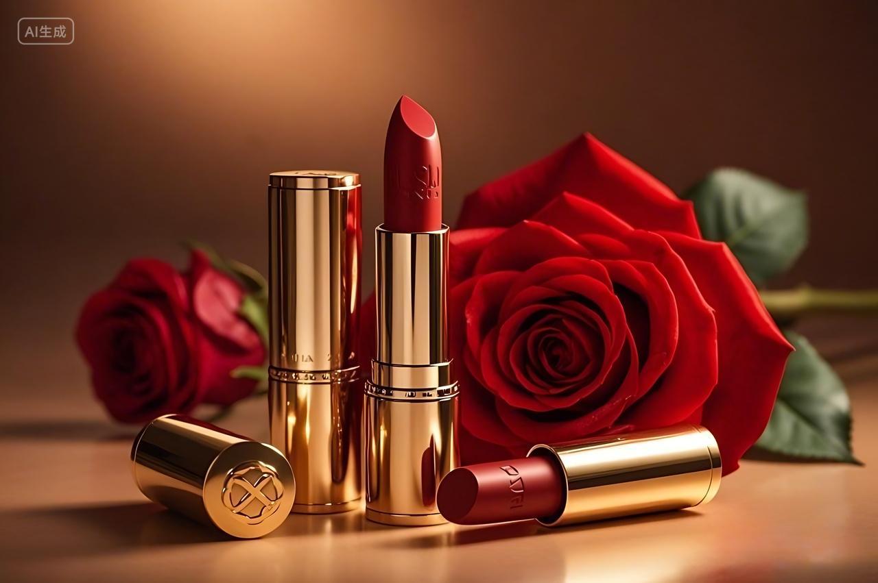 妇女节红色玫瑰花旁立着口红节日电商背景