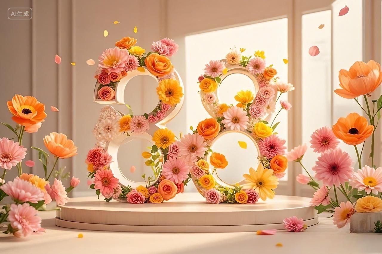 妇女节创意女神节背景鲜花文字38温馨