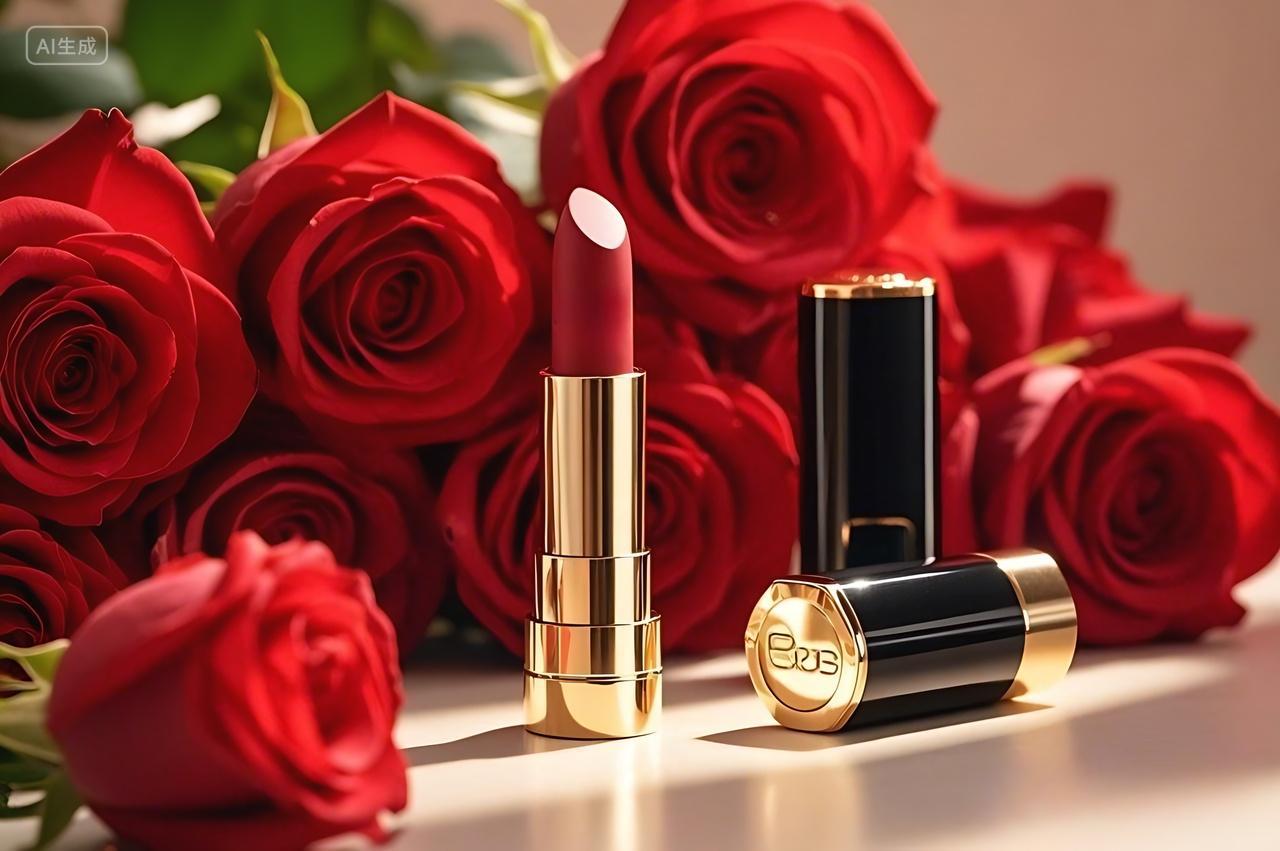 妇女节一束红色的玫瑰花旁边直立着两支口红