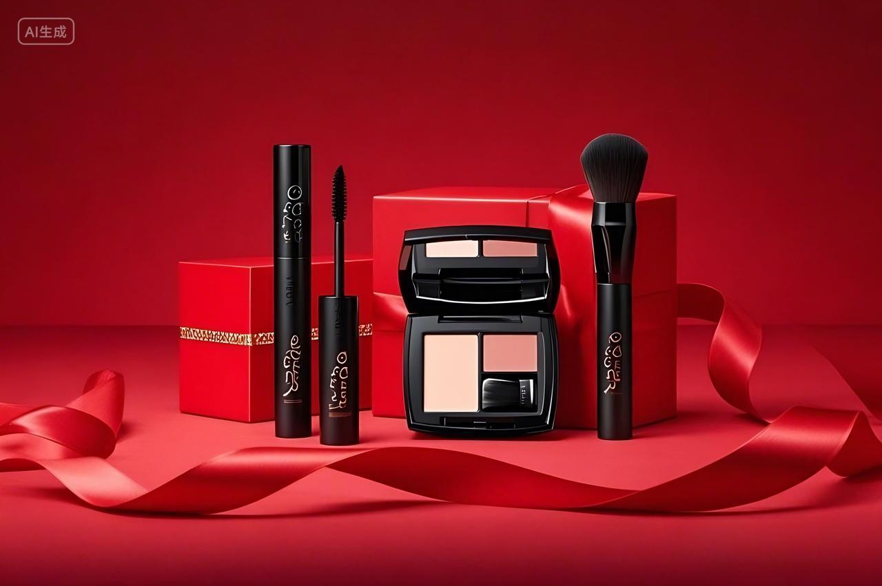 妇女节红色背景上一组美妆用品节日礼物电商图片