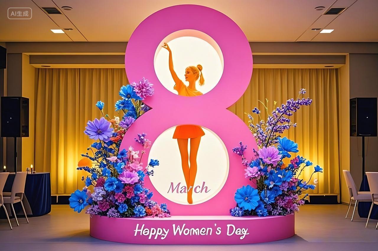 庆祝三八妇女节的图片粉色数字8有一个橙色的女性舞蹈剪影