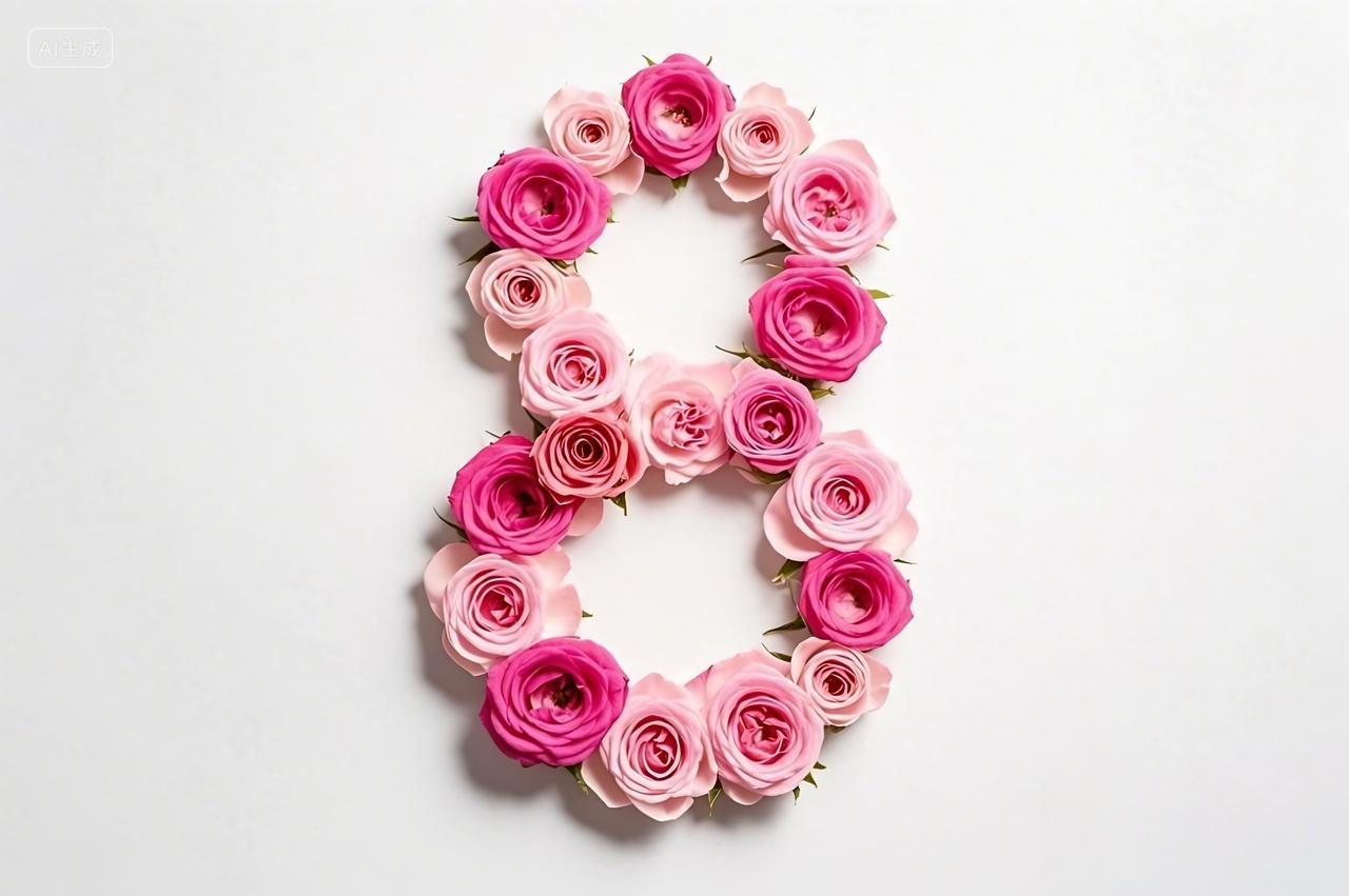 妇女节由多种粉色系玫瑰花朵组成的数字8