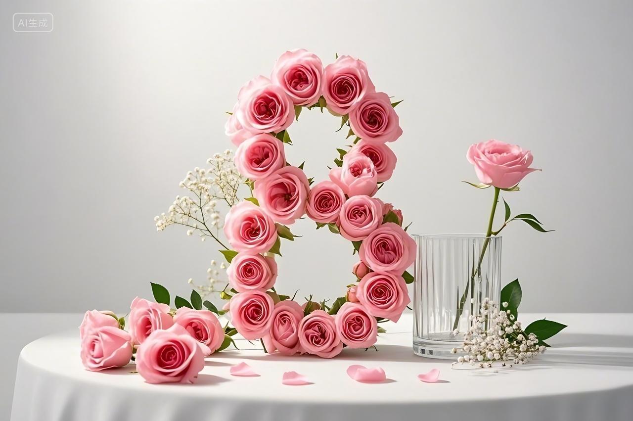 妇女节一个由多种粉色系玫瑰花朵组成的数字8