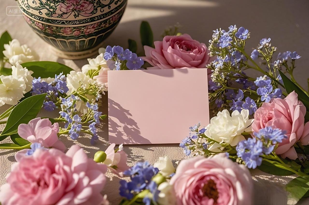 妇女节一个以花卉装饰的场景画面中央是一张空白的浅粉色卡片