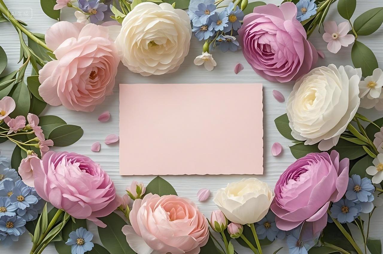 妇女节一个以花卉装饰的场景中央是一张空白的浅粉色卡片
