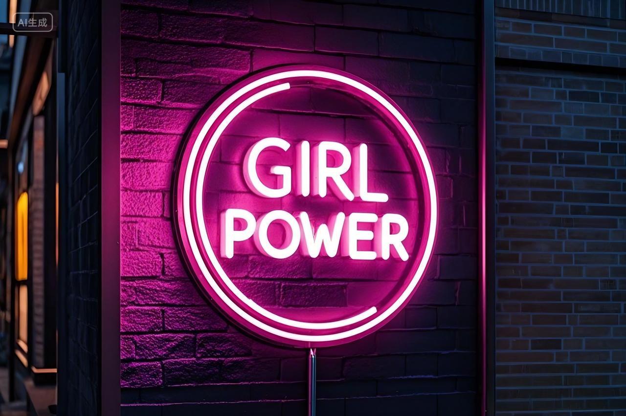 霓虹灯效果黑色砖墙背景上有一个粉色霓虹圆环妇女节创意背景