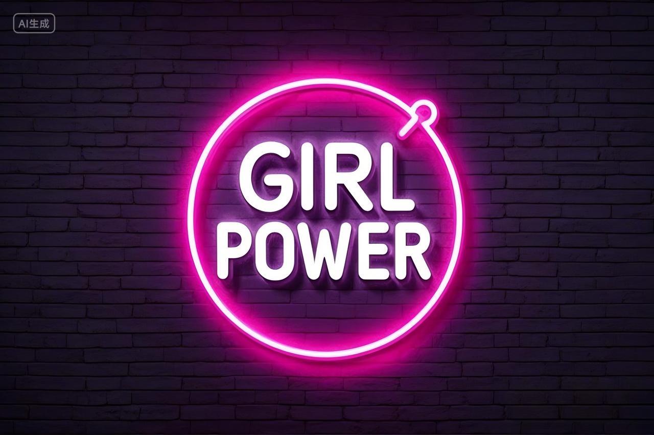 霓虹灯效果黑色砖墙背景上有一个粉色霓虹圆环妇女节创意背景