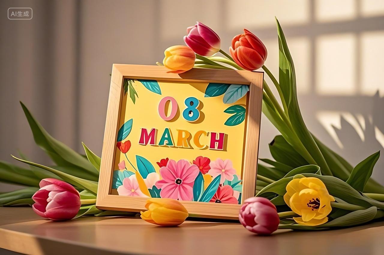 带有彩色字母和花朵图案方块的木质框架方块拼成38妇女节节日图片