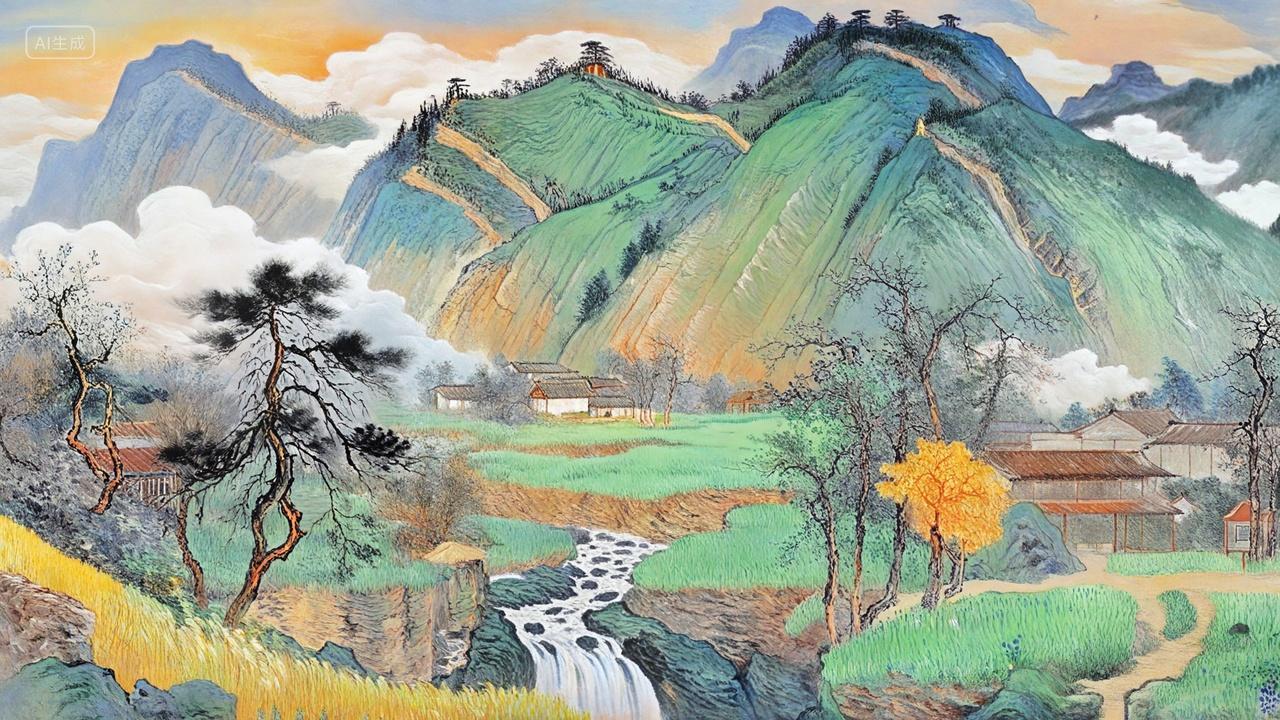 青山绿水云雾缭绕幽静古城山峦王希孟特色画作风景图