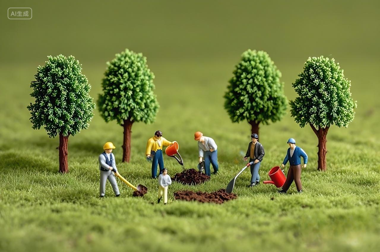 植树节春天微缩模型场景图绿色的草地上整齐排列着高大的绿树