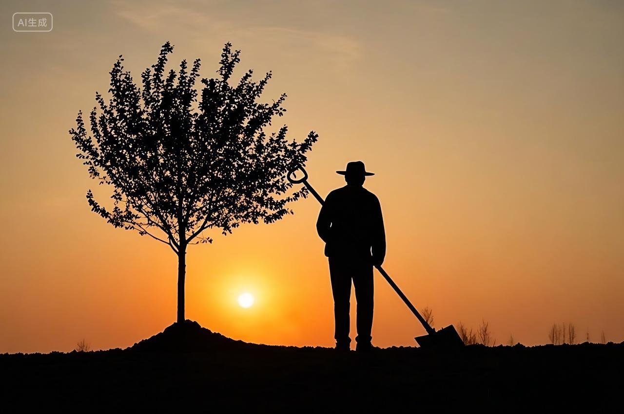 312植树节剪影风格夕阳下一位手持铁锹的人站在一棵树木旁