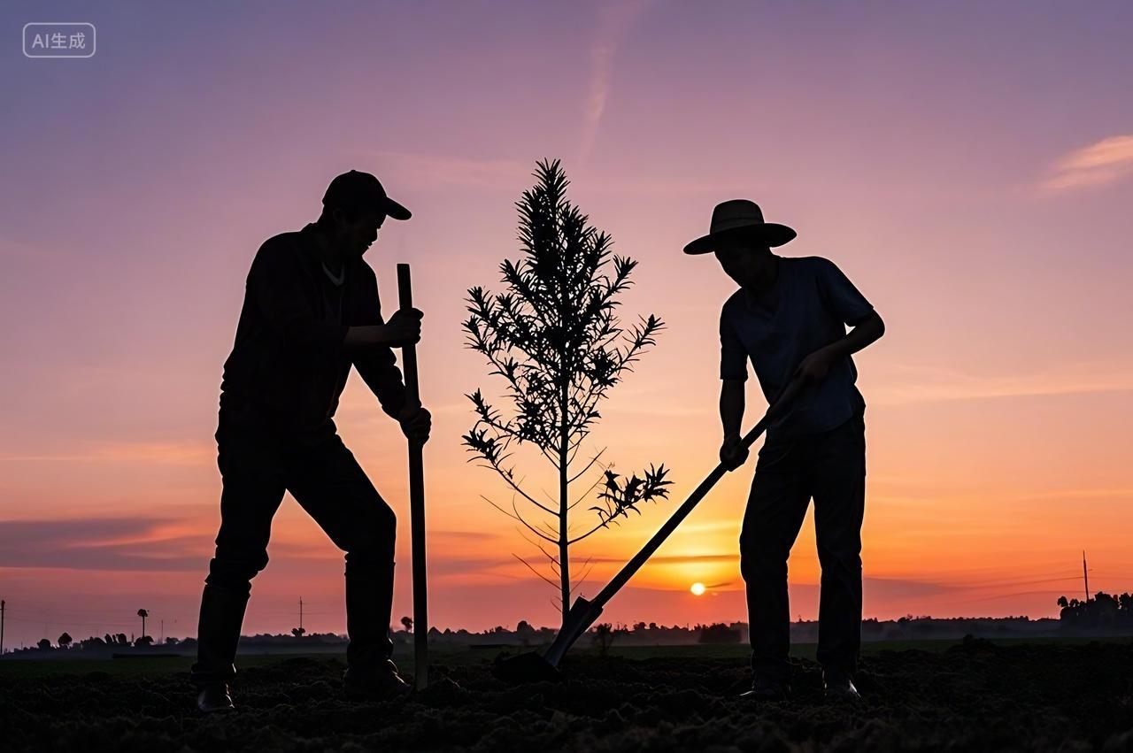 植树节两个人在夕阳下植树图片
