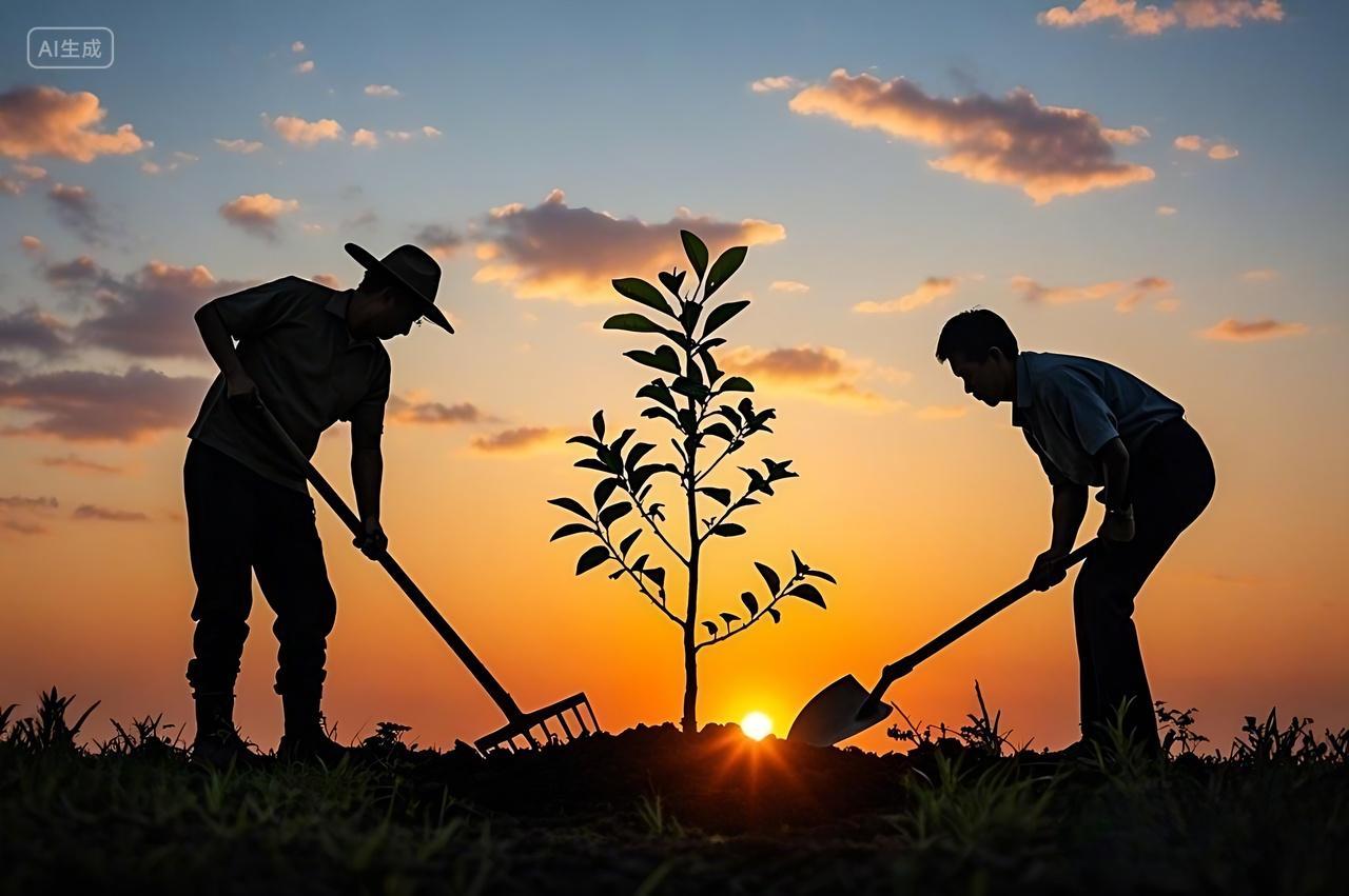 植树节中两个人在夕阳下植树一人手持锄头一人用铲子铲土