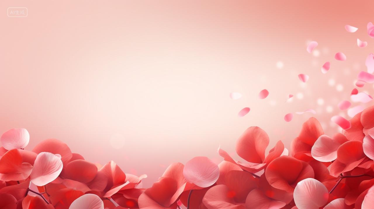 214情人节三八妇女节电商海报红玫瑰配粉叶花瓣飞扬简洁写实温馨浪漫背景图