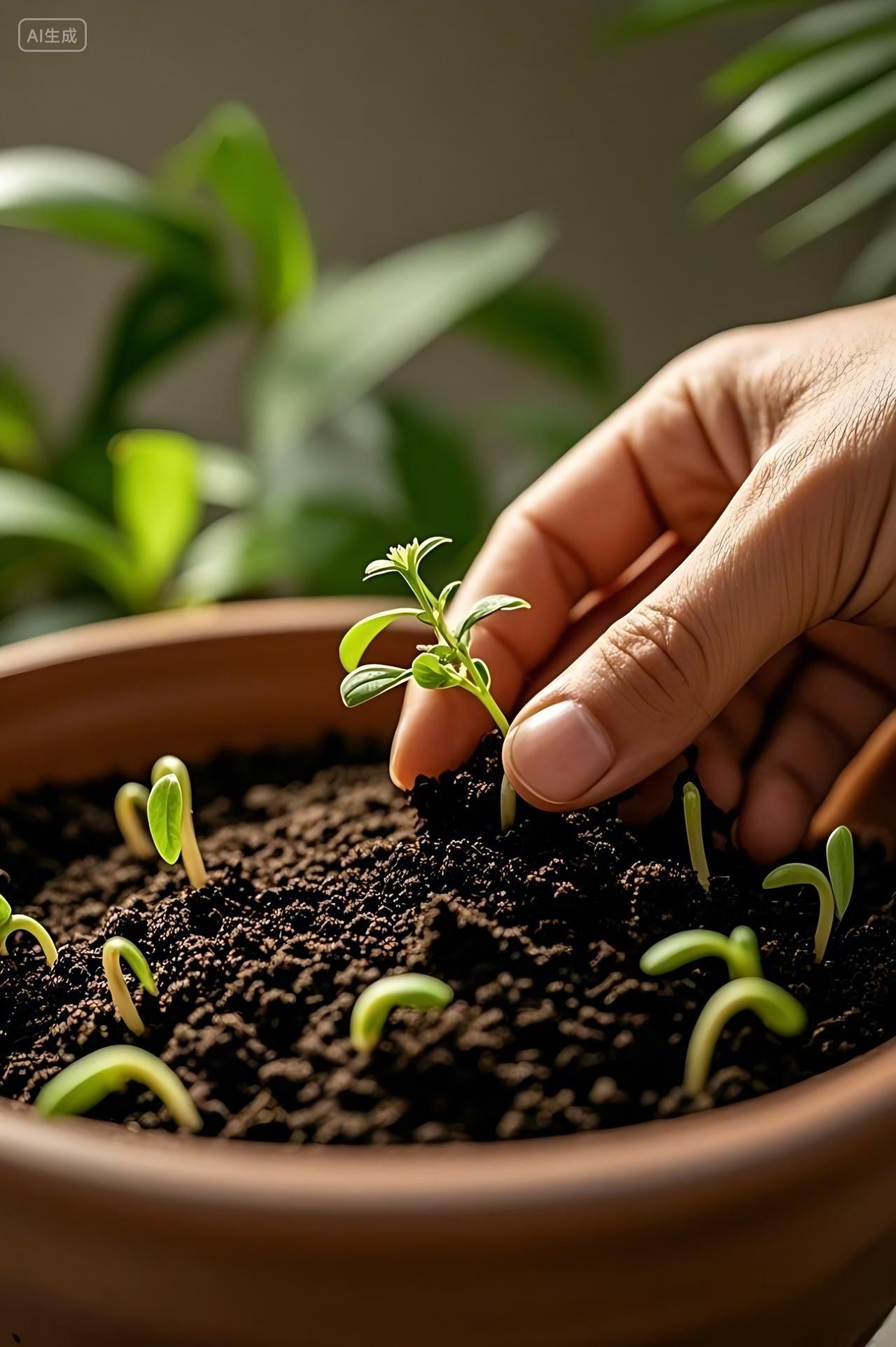 植树节春天一双手正在轻柔地栽种一株绿色的小植物