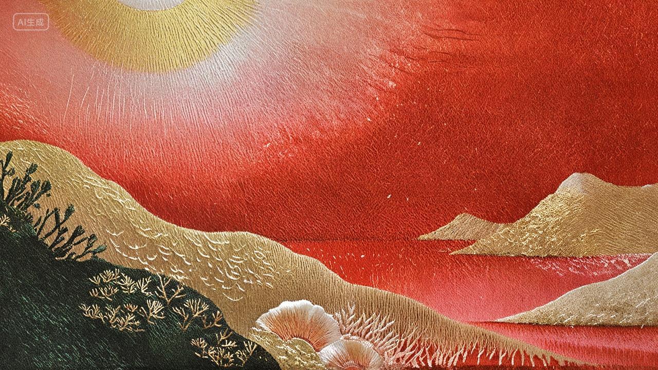 红日日出日落晚霞扇面山峦刺绣纹样图案纹路装饰画设计纹绣刺绣挂画山水画风景画