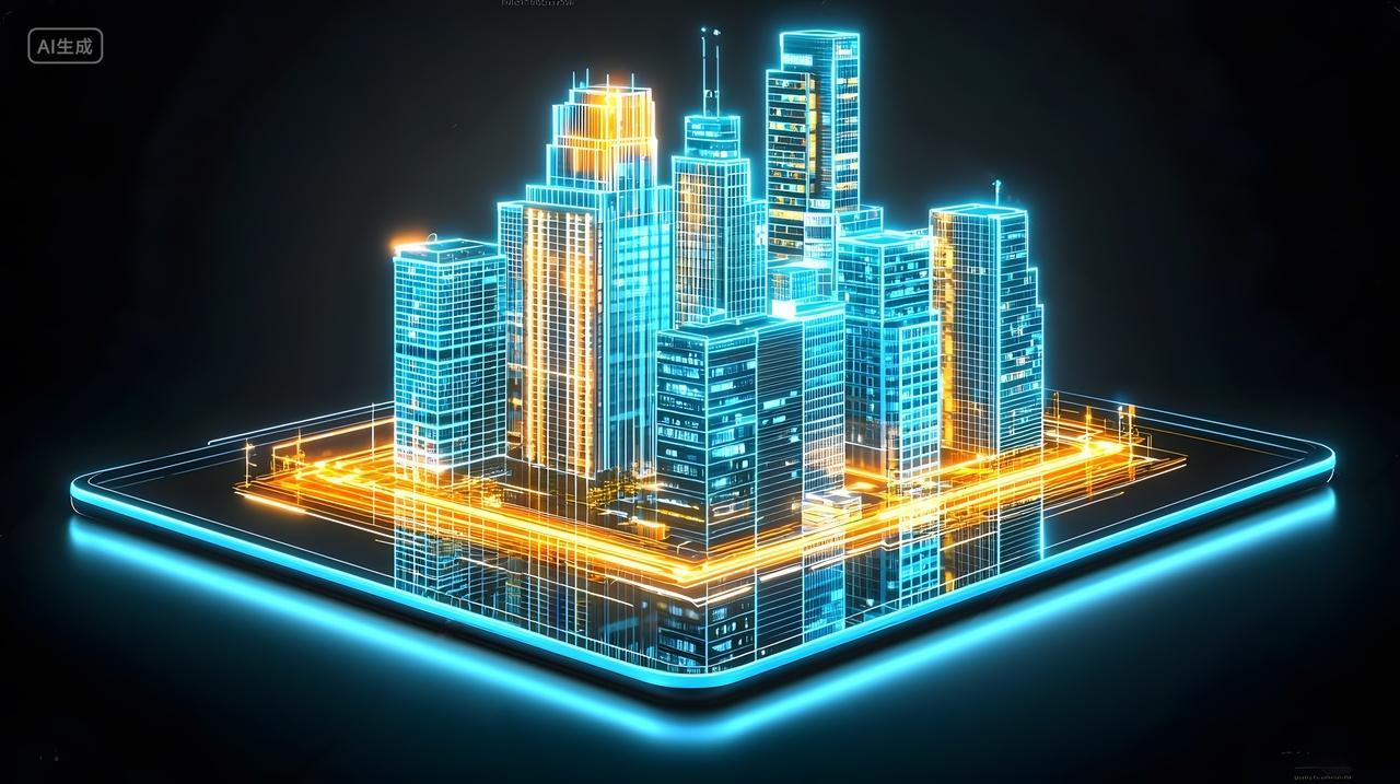 数字设备上闪闪发光的未来城市景观