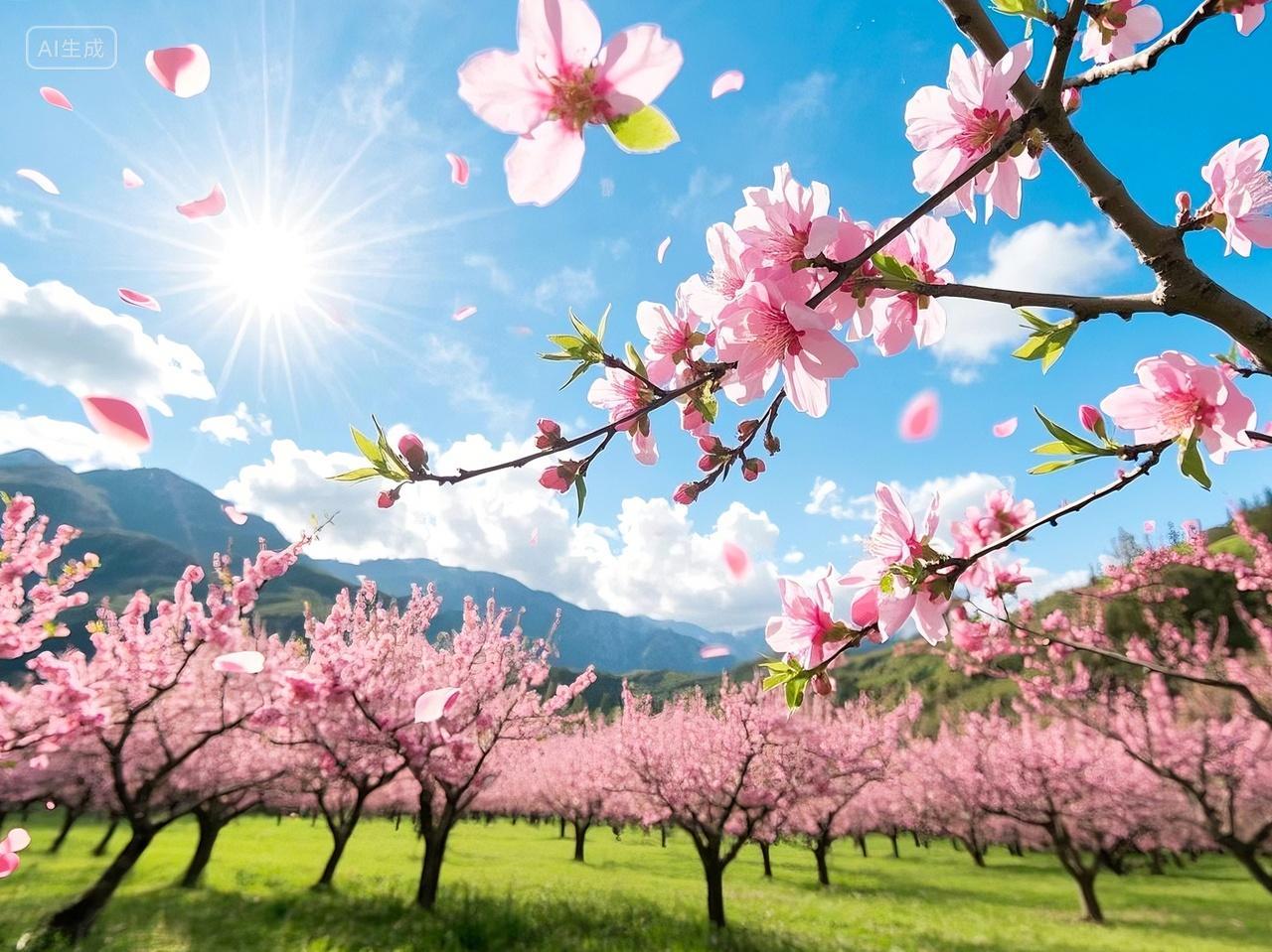 春天立春春分桃花飞舞蓝天白云春分立春二十四节气温暖阳光大自然风景花卉春意盎然