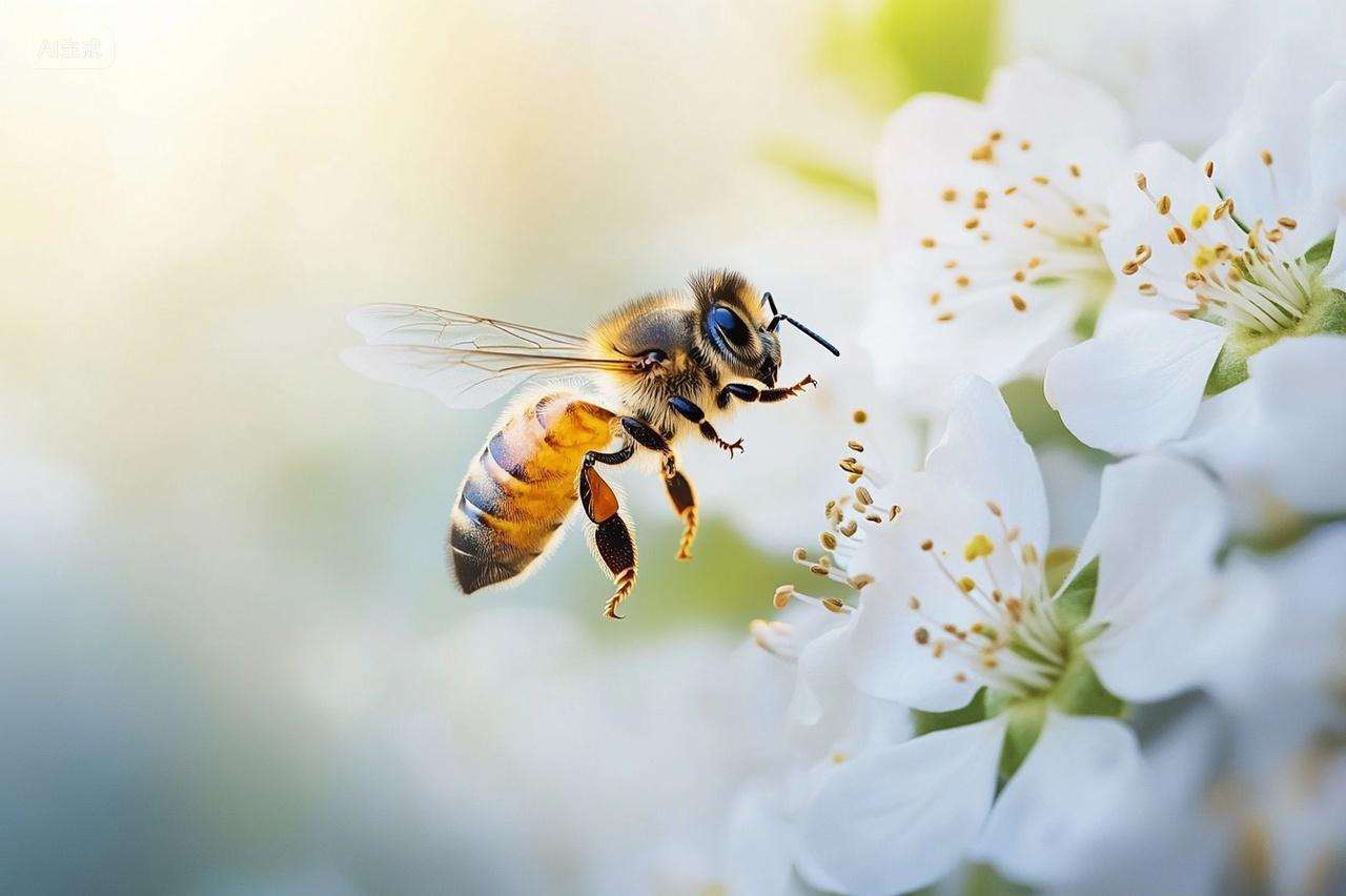 二十四节气春天微距摄影一只蜜蜂停在一朵白色的花朵上采蜜大自然生物动物唯美小清新电脑壁纸桌面