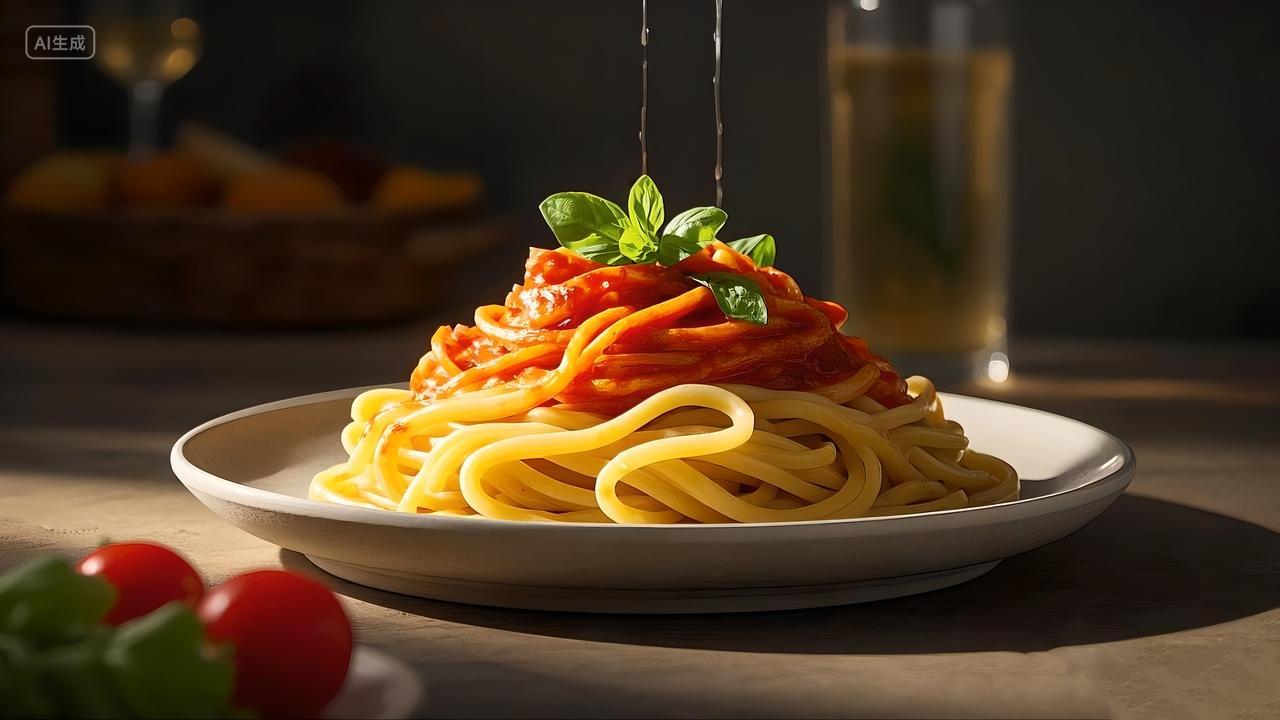 木桌上一盘美味的意大利面西餐特色美食西餐厅广告菜单宣传单实拍图