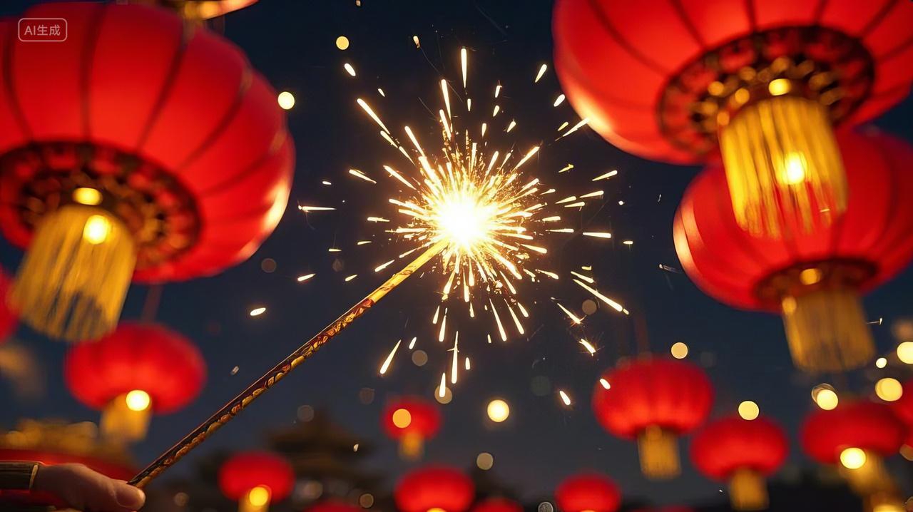 2025年蛇年元旦节新年新春烟花绽放仙女棒红灯笼喜庆节日氛围插画
