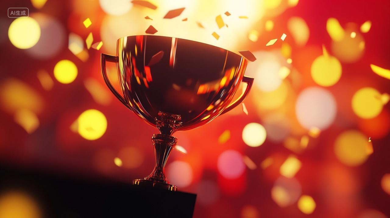 粒子彩带构成闪耀冠军奖杯夺冠企业年会场景红色梦幻发光金色热烈励志企业公司精神销冠图片