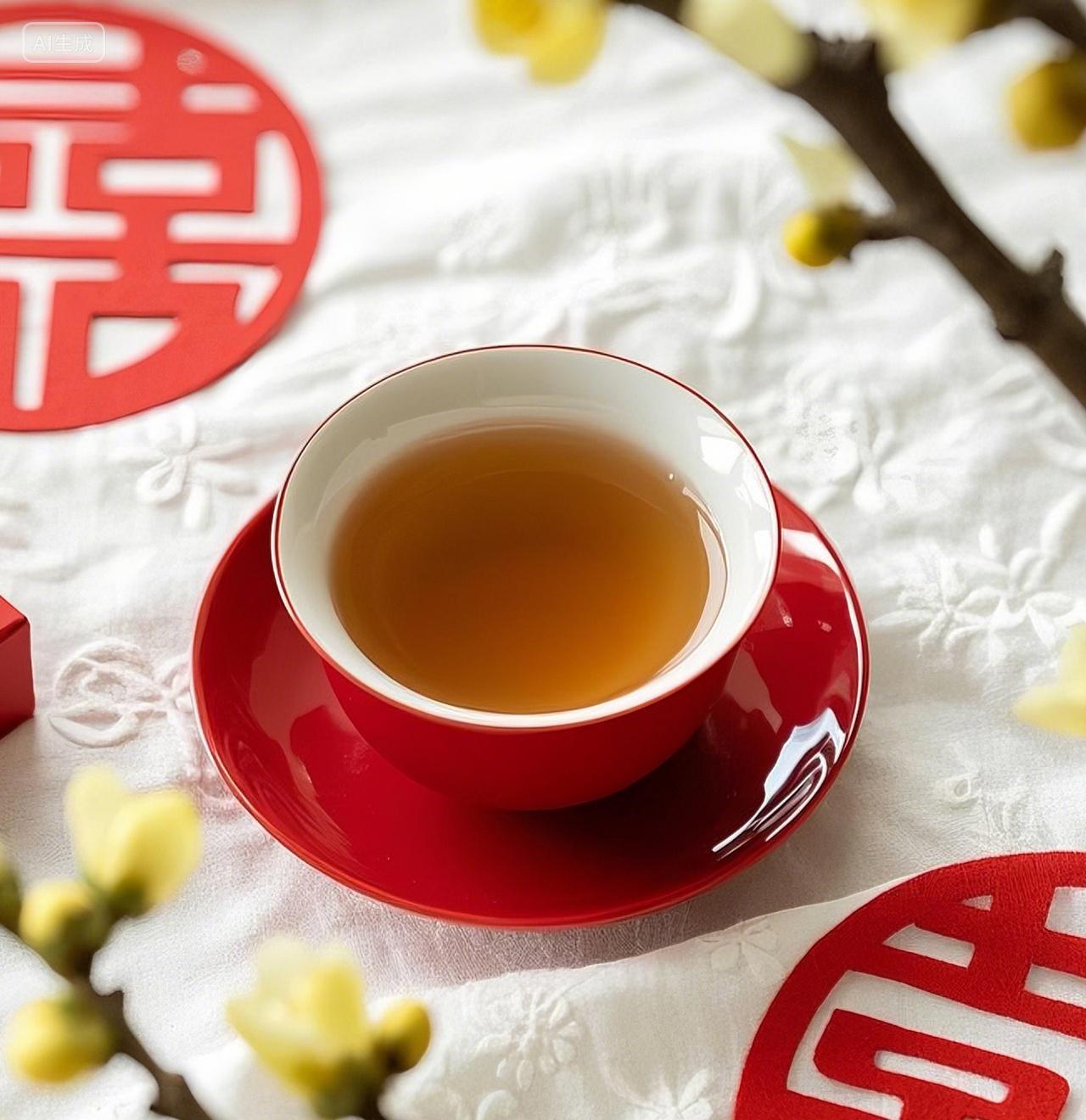 红色喜庆工夫茶红茶俯瞰腊梅红双喜剪纸配件装饰点缀中国风中式喜事新年新春春节
