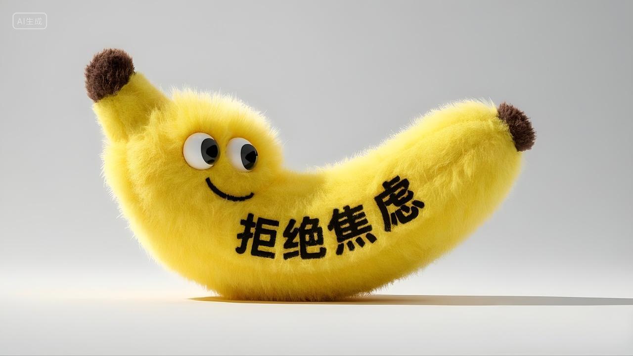 毛绒风格一个毛茸茸的香蕉艺术字写着拒绝焦虑蕉绿谐音梗创意图心理压力心理咨询