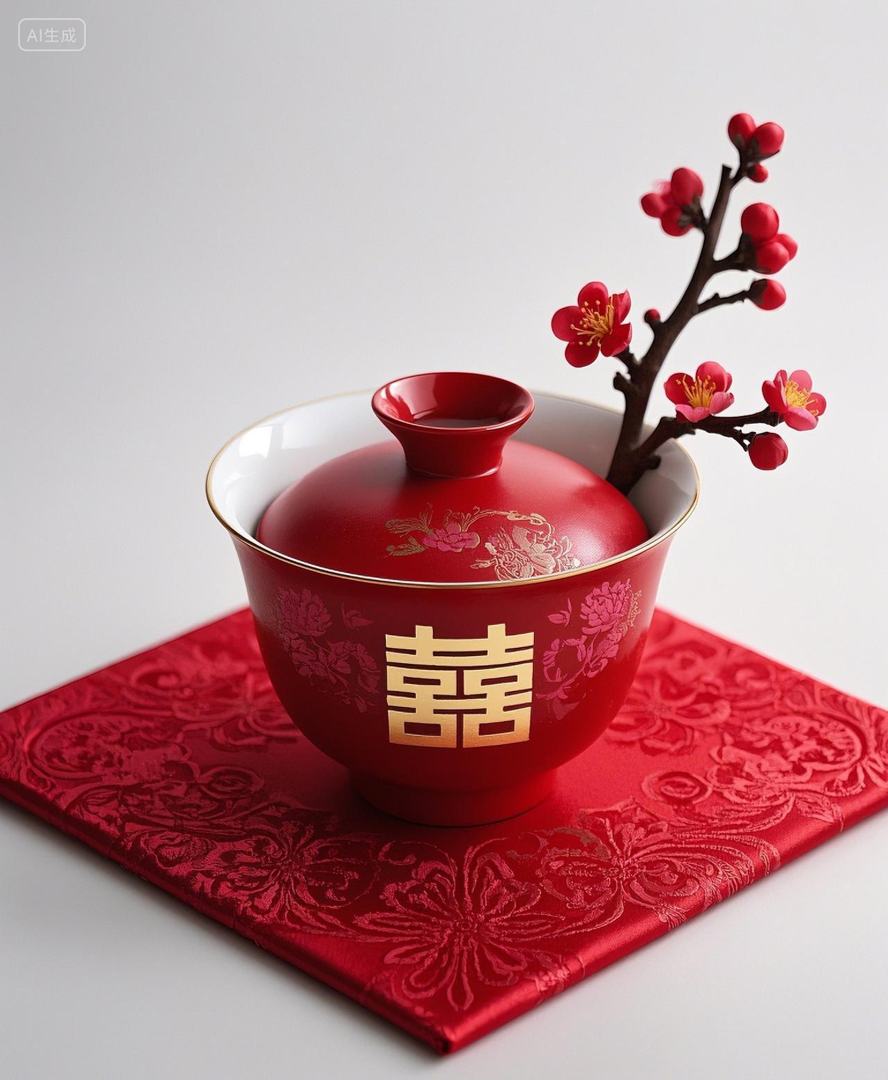 红双喜茶杯喜庆结婚婚礼婚庆配饰丝绸梅花腊梅点缀静物中国风中式喜事